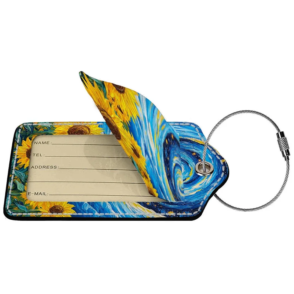 étiquette de bagage d'affaires en cuir estampillé tournesol, étiquette d'adresse de valise, étui d'embarquement de bagages, clip d'adresse d'identification de nom