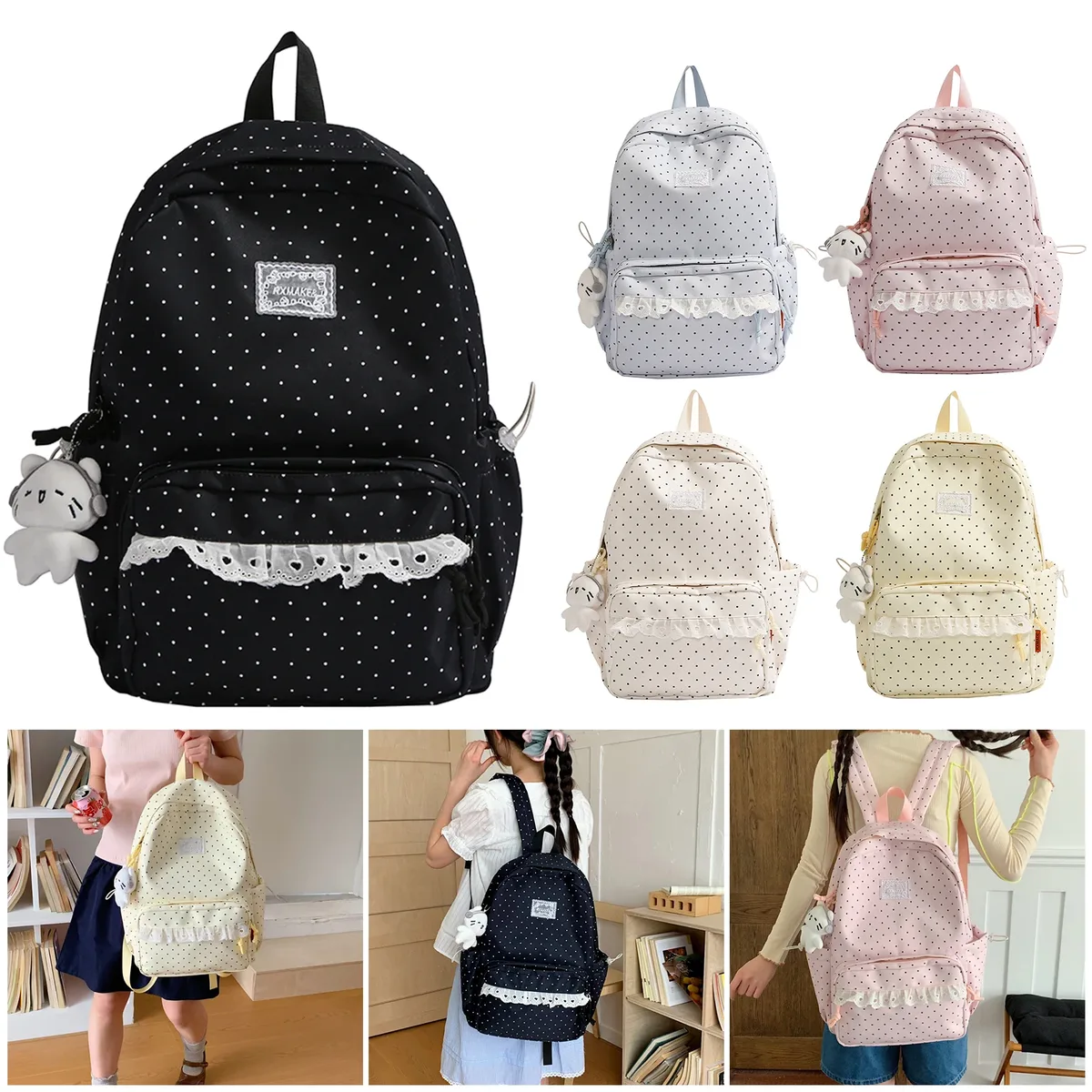sacs à dos à pois pour filles, grande capacité, sacs à livres décontractés, sac à dos léger de style preppy, sac à dos de voyage en plein air