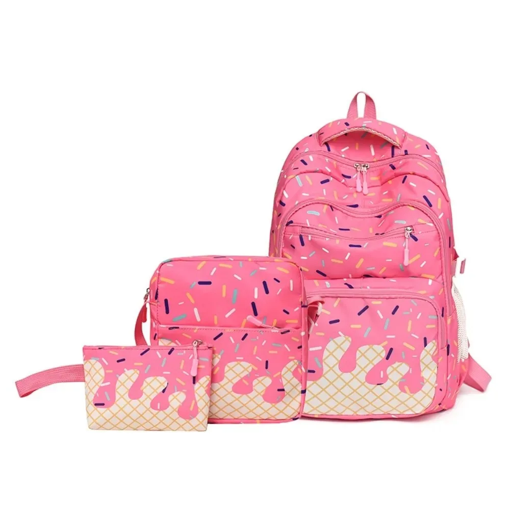 ensemble de sacs à dos en tissu oxford imprimé crème glacée avec trousse à crayons, sac à dos de grande capacité assorti à un sac bandoulière et un sac fourre-tout.
