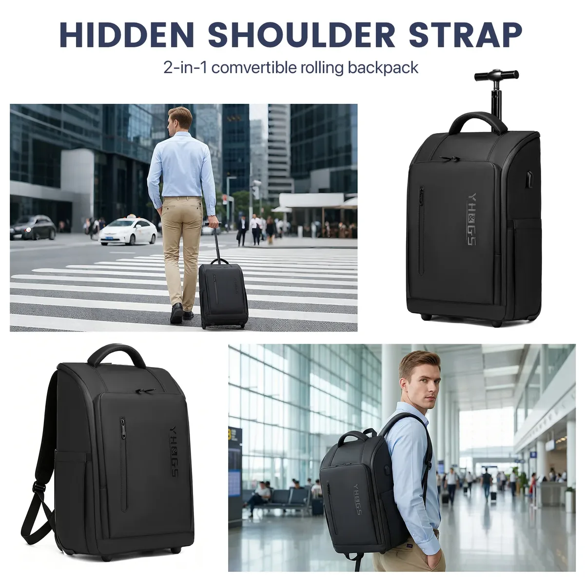 Valise cabine 20 pouces à roulettes avec fonction sac à dos, pour femmes et hommes, bagage de voyage à roulettes avec port USB, sacs d'affaires