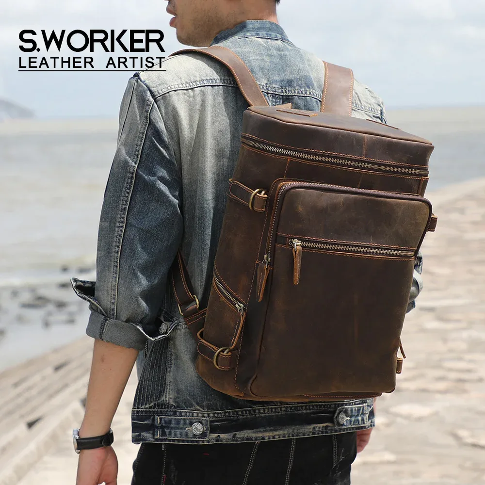 Sac à dos vintage en cuir véritable, sacoche pour ordinateur portable en cuir Crazy Horse, sac d'école, sac de voyage extérieur, sac de week-end, sac à bandoulière