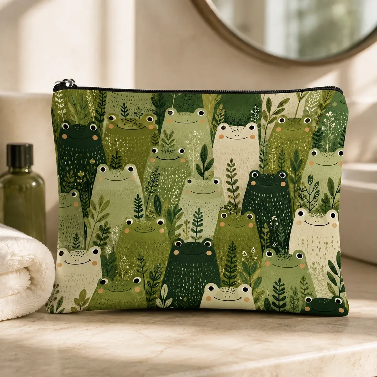trousse de maquillage mignonne grenouille forêt, pochette de maquillage en toile imprimé famille de grenouilles botaniques vertes, sac de rangement portable pour articles de toilette de voyage