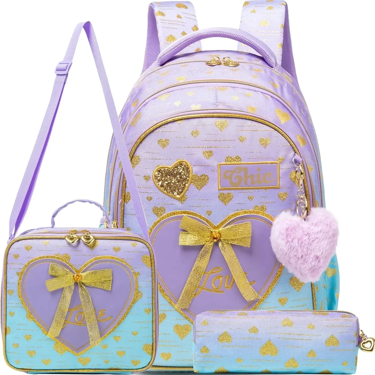 ensemble de 3 sacs à dos d'école pour filles, avec fourre-tout et trousse à crayons, sac à livres primaire léger pour enfants, mochila de retour à l'école