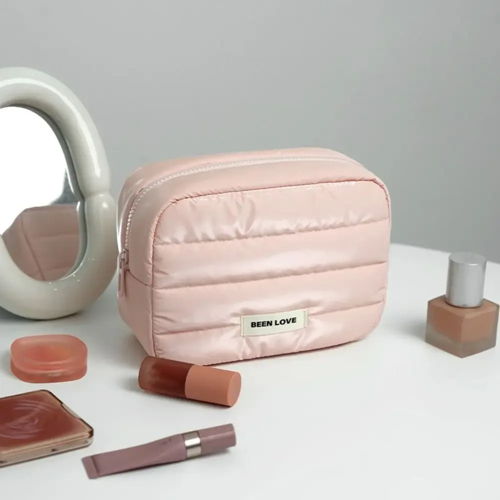trousse de maquillage bouffante portable, grande capacité, couleur unie, trousse de toilette matelassée de voyage, fermeture éclair, sac de rangement moelleux pour soins de la peau