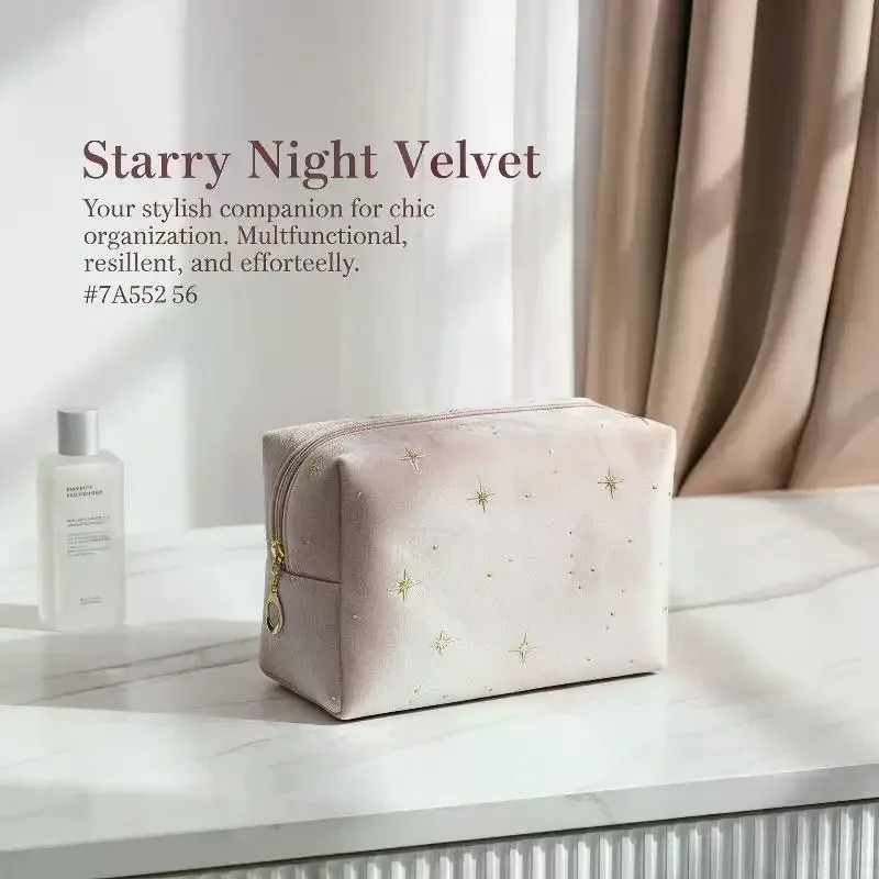Pochette à cosmétiques spacieuse en velours, sac de toilette de voyage avec motif étoile, trousse de maquillage portable pour rouge à lèvres
