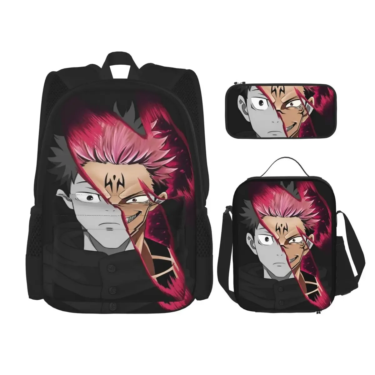 3pecs/ensemble ryomen sukuna sac à dos pour étudiant retour à l'école jujutsus kaisens anime lycée sac en toile sac à déjeuner trousse à crayons