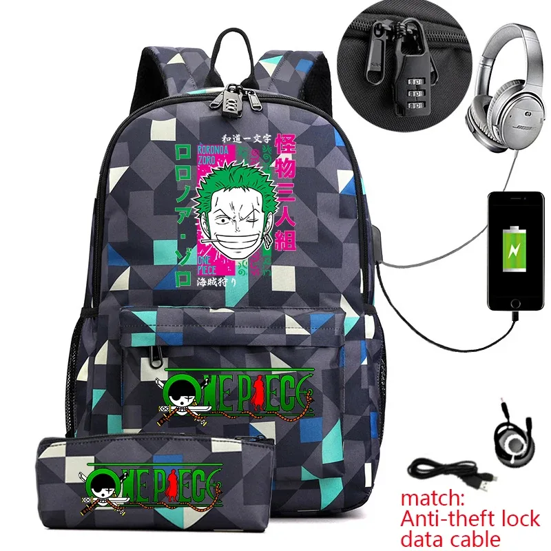 sac à dos d'école imprimé one piece zoro, antivol, pour enfants et adolescents, avec trousse à crayons