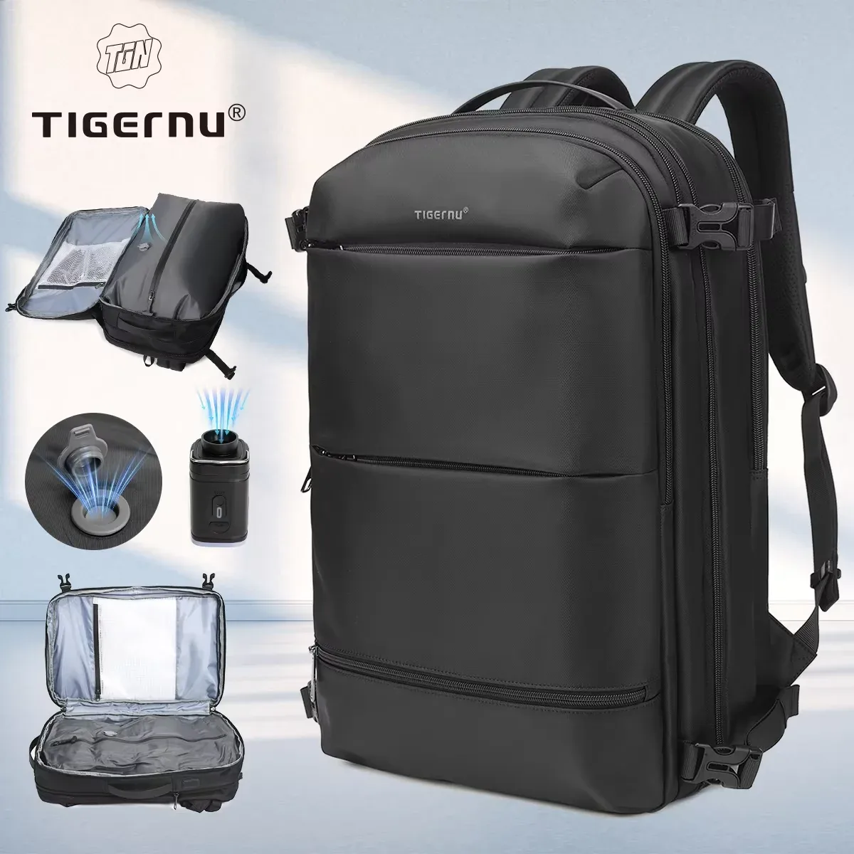 Sac à dos de voyage Tigernu extensible à compression sous vide 27L-37L pour cabine d'avion, avec compartiment pour ordinateur portable 17 pouces et port USB