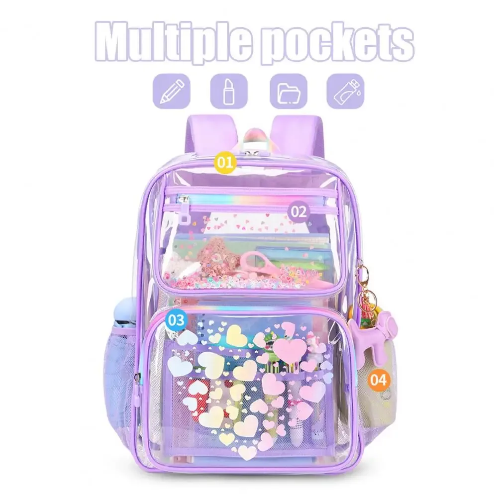 sac à dos transparent pour l'école, sac à dos imperméable avec imprimés en forme de cœur, compartiment principal, poches avant à fermeture éclair pour garçons et filles