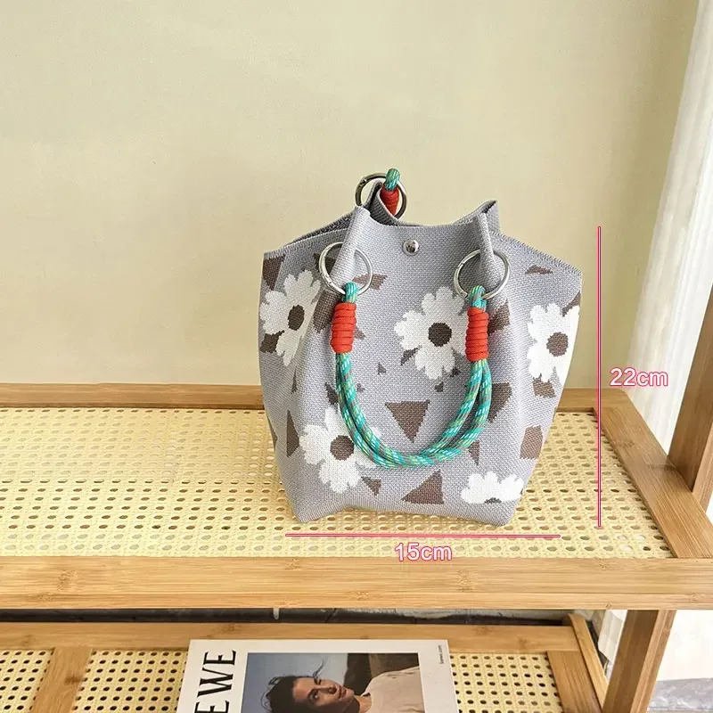 sac fourre-tout en tricot floral vintage papillon pour femme – polyester léger avec bretelles tissées réglables et anneaux en métal