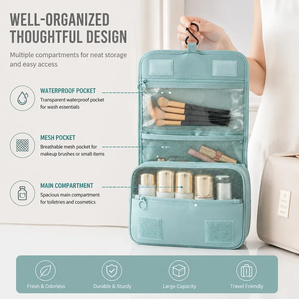 sac de toilette pliable avec crochet de voyage, sac de rangement multifonctionnel imperméable pour cosmétiques, grande capacité, sac de maquillage portable
