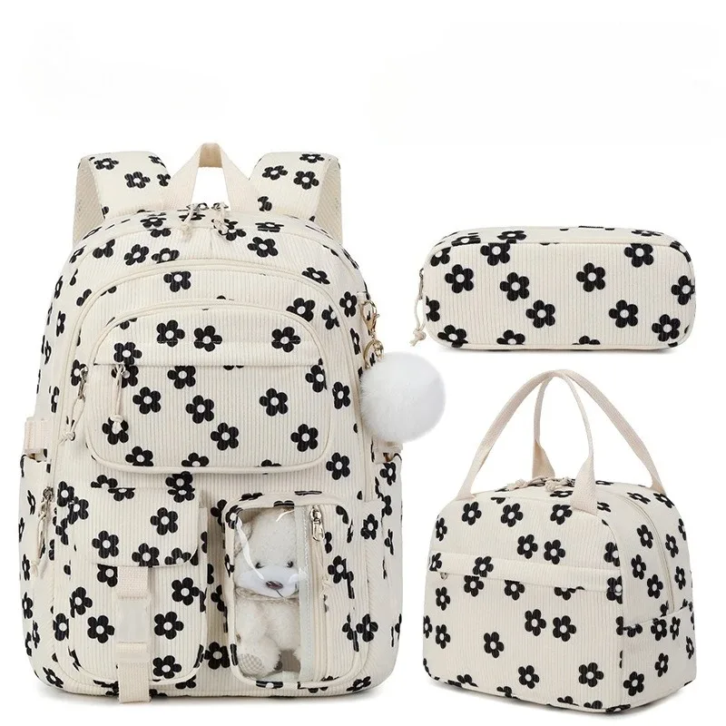 sac à dos scolaire en velours côtelé 3 pièces/ensemble avec sac à déjeuner et trousse à crayons, sac à dos mignon pour filles, sac à dos à motif fraise pour adolescentes et femmes
