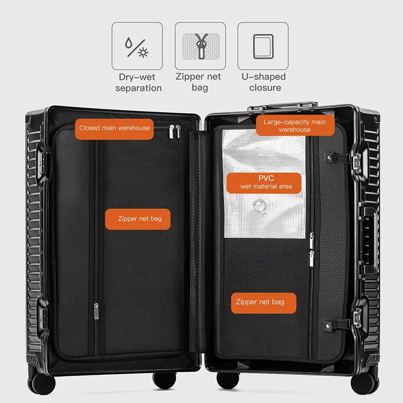 sushimu bagage en alliage d'aluminium-magnésium de 20 pouces avec ouverture avant, valise trolley, valise à main, voyage en métal