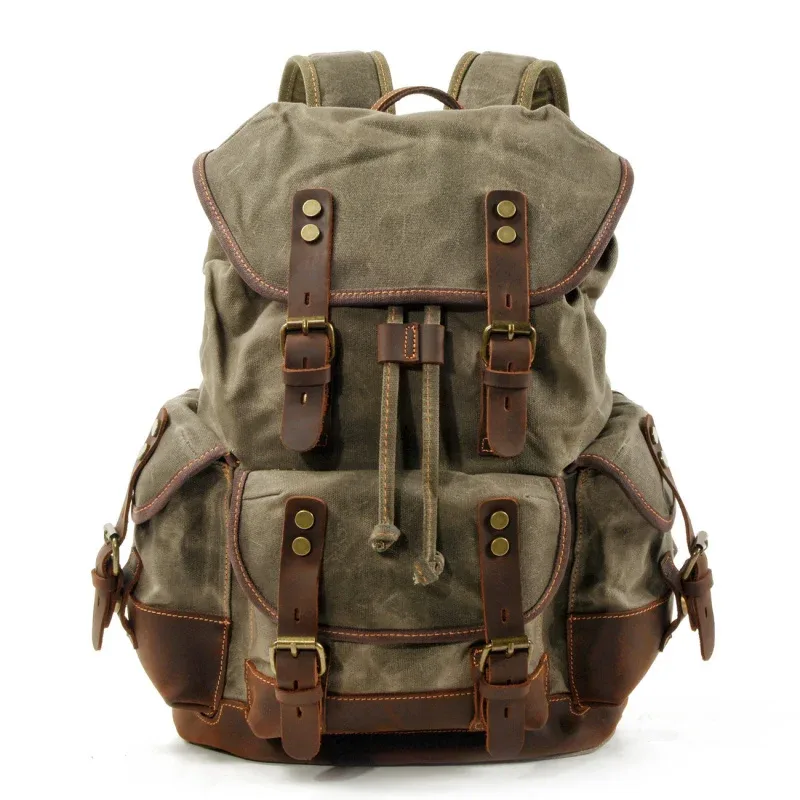 sac à bandoulière rétro décontracté pour étudiants, sac d'école de grande capacité, sac à dos de voyage en toile cousue en cuir, sac à dos de randonnée