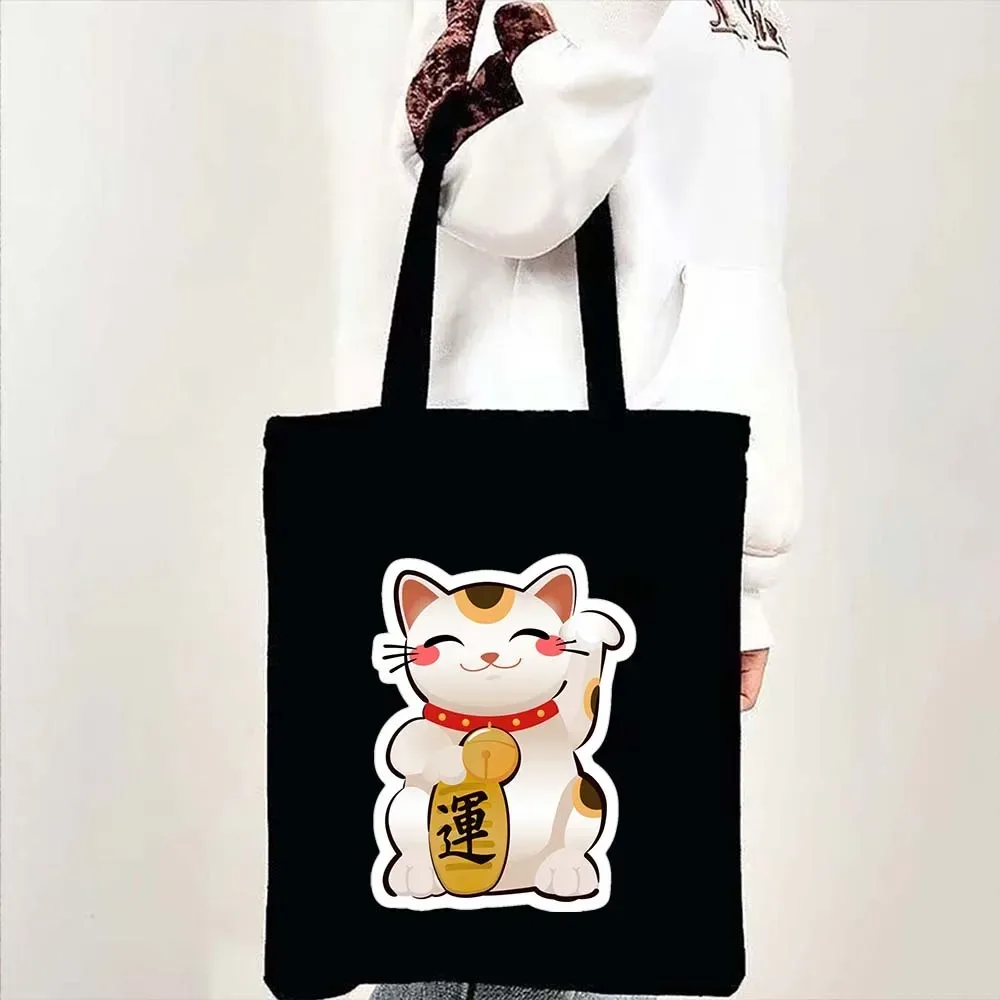 sac fourre-tout en toile à bandoulière pour le shopping, motif maneki neko, chat porte-bonheur japonais mignon, style mont fuji, style japonais, geisha de kyoto, tokyo japon