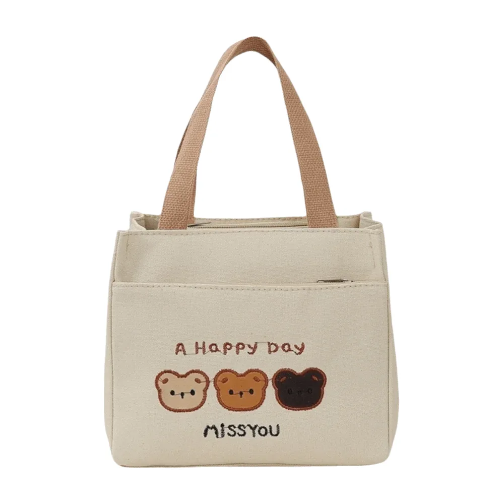 sac fourre-tout décontracté et mignon avec broderie 3 ours, fermeture éclair, grande capacité, sac à déjeuner en toile, pochette de rangement légère et réutilisable pour pique-nique
