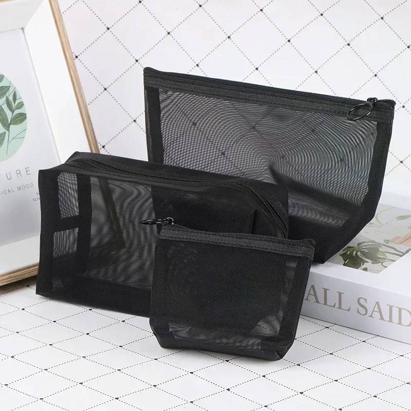 trousse de maquillage transparente en maille à 3 tailles, organisateur de rangement, pochette de voyage pour femmes, sac cosmétique décontracté à fermeture éclair, trousse de toilette