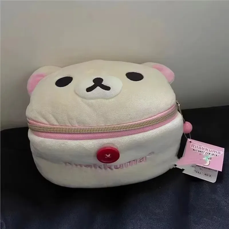 nouvelle trousse de maquillage et de rangement portable en peluche rilakkuma ours fille, mignonne, elliptique, stéréoscopique, motif dessin animé, facile à ranger