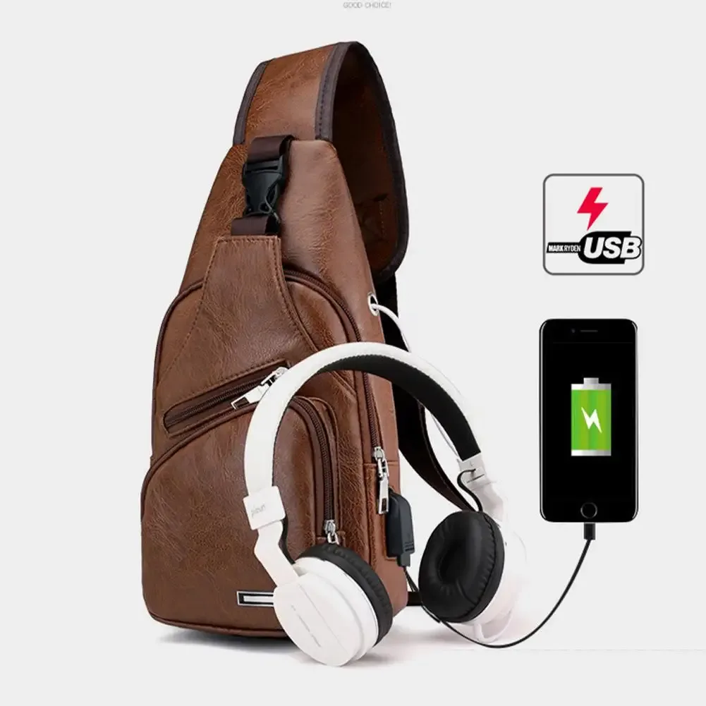 Sac de poitrine de chargement USB pour hommes, sac à bandoulière de voyage, sac de messager masculin, sac de poitrine en cuir, sac à bandoulière de randonnée, P7I1