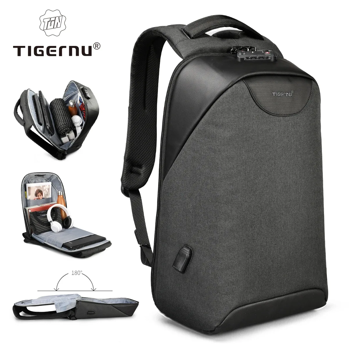 tigernu – sac à dos antivol sans clé avec serrure tsa, sac à dos tendance pour femmes, 15.6 pouces, chargeur usb, sac à dos pour ordinateur portable, sac à dos d'école et d'université