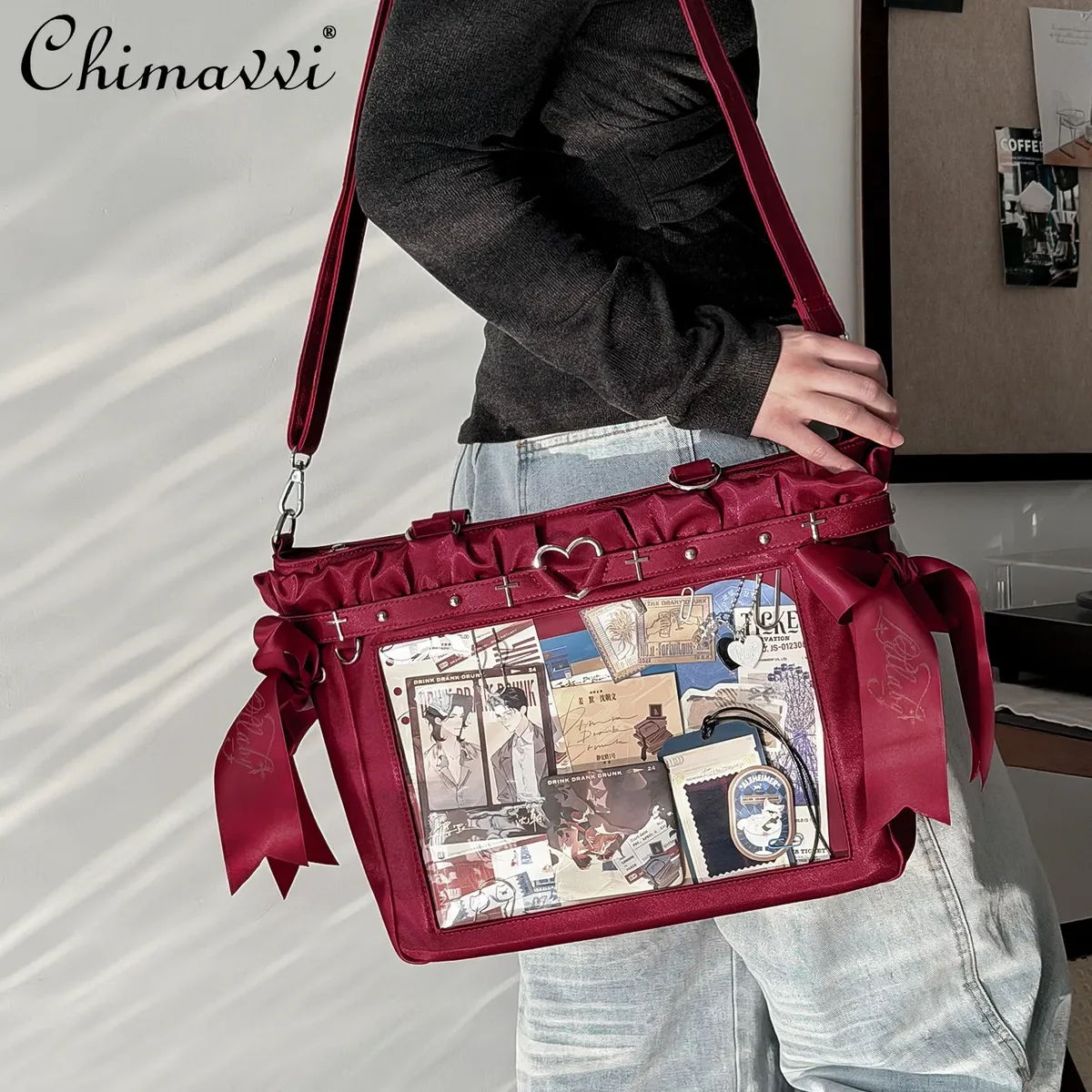 sac à bandoulière lolita en satin, grande capacité, style japonais original, motif anime bidimensionnel, collection 2026