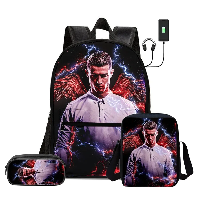 ensemble de 3 sacs à dos avec sac à bandoulière, trousse scolaire pour enfant, sac à dos ronaldo avec interface usb, sac à dos pour enfants