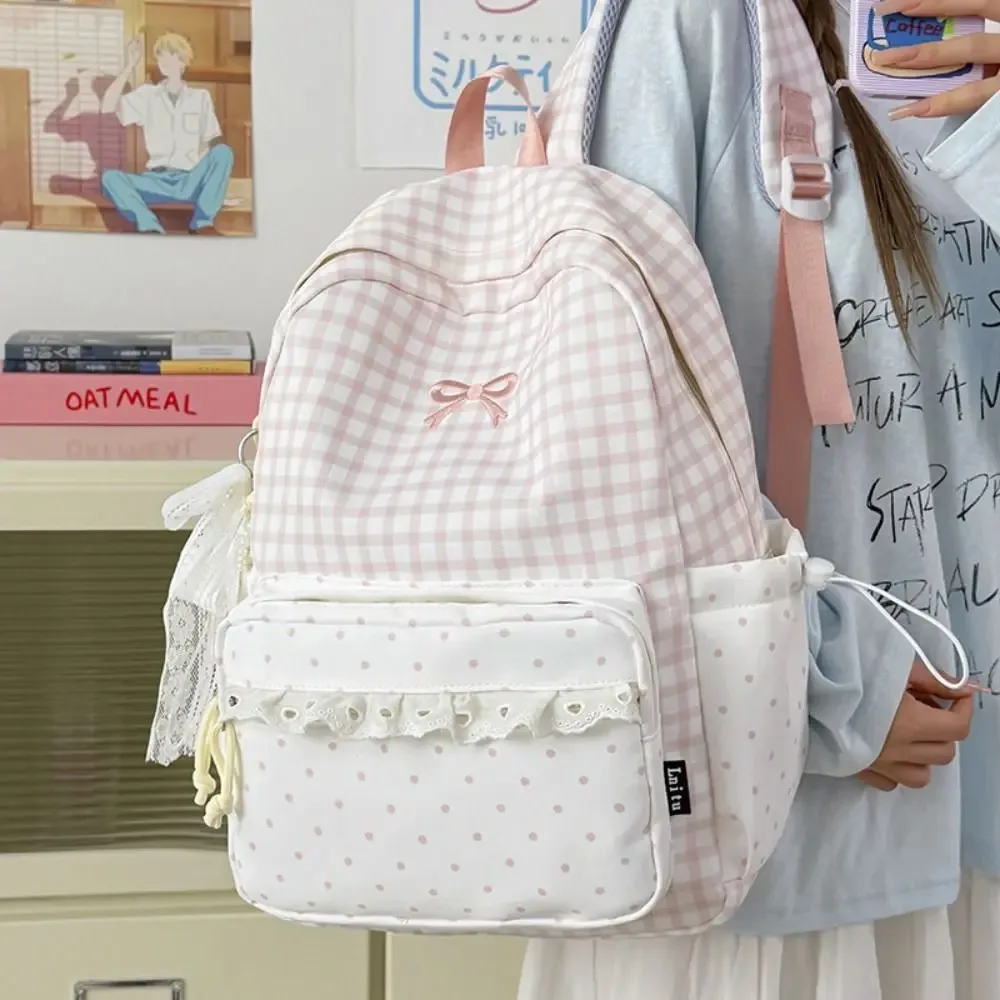 sac à dos tendance à pois, avec nœud et bordure en dentelle à carreaux, léger, grande capacité, pour usage quotidien.