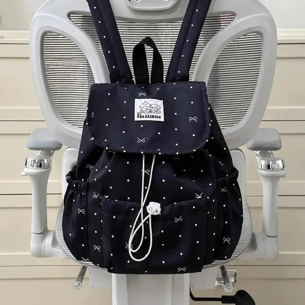 sac à dos à pois avec cordon de serrage et nœud, grande capacité, double bandoulière, en nylon ultra léger, idéal pour les trajets quotidiens, pour femmes.