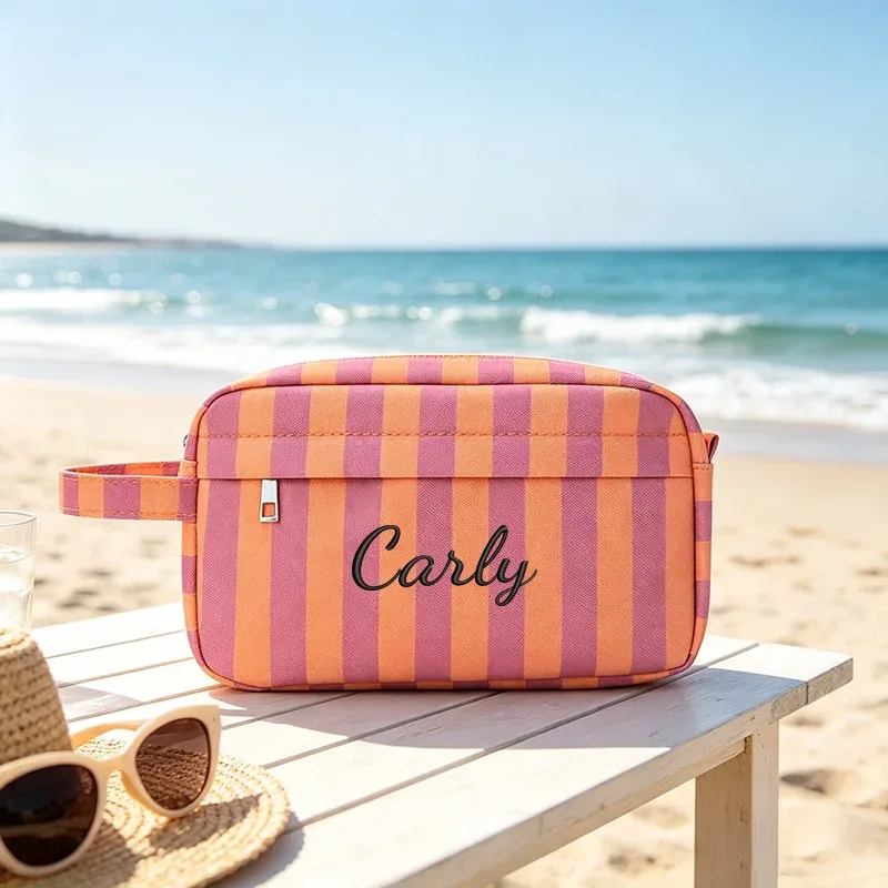 trousse de toilette rayée à double compartiment, portable pour les voyages, idéale pour les trajets quotidiens, les vacances, la plage, les fêtes, cadeaux créatifs, anniversaires, rentrée scolaire, remise des diplômes.