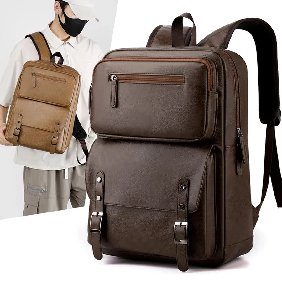 mode hommes sac à dos en cuir pu sac à dos grand ordinateur portable sacs à dos mâle mochilas noir cartable pour adolescents garçons marron sac a dos