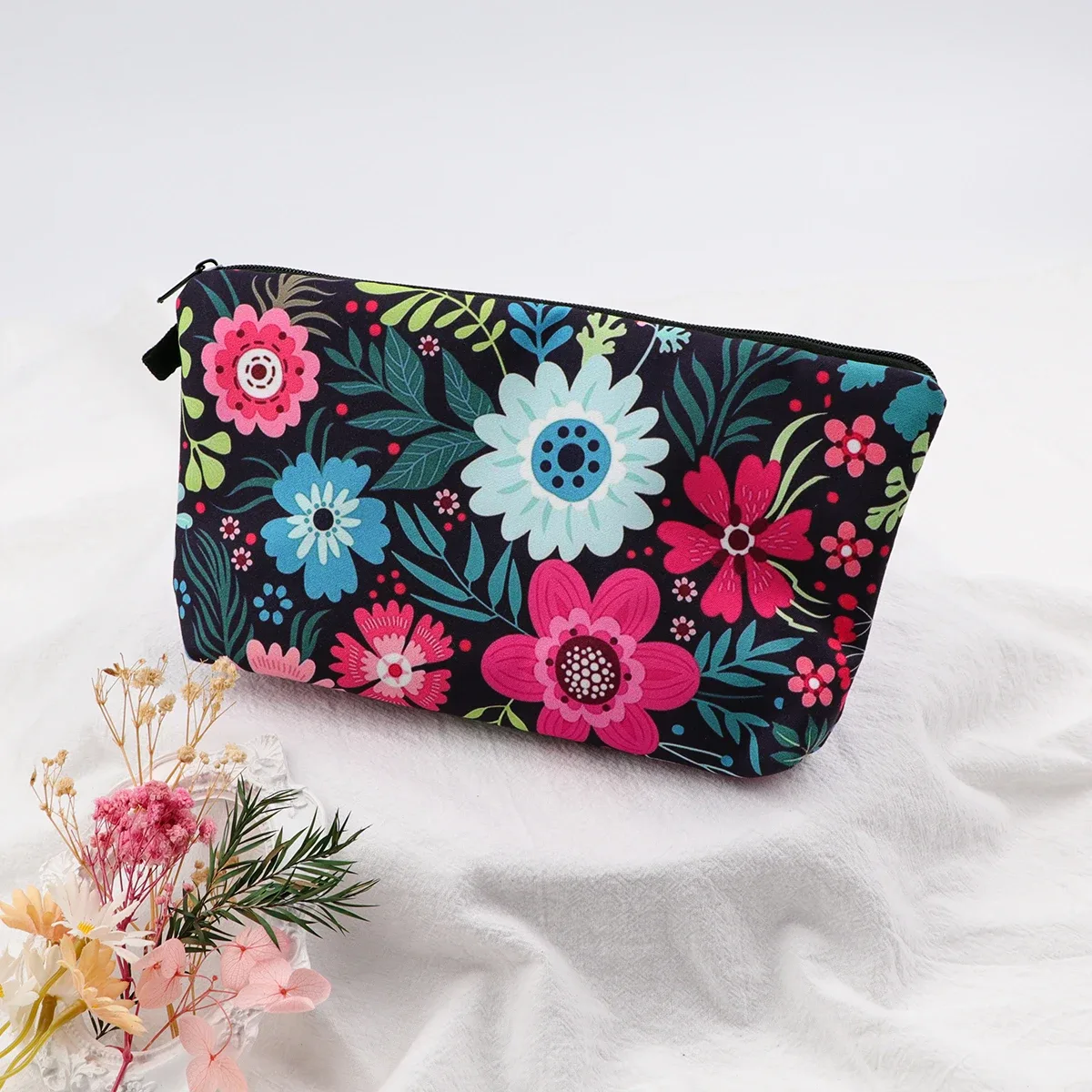 sac de maquillage à fermeture éclair série fleur pour femmes, pochette de rangement de voyage portable, sac de rouge à lèvres de voyage, trousse de maquillage, sacs pour pinceaux cosmétiques