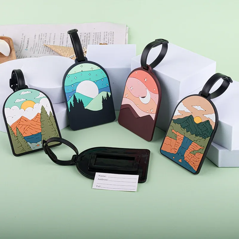 étiquette de bagage en pvc avec paysage de montagne et de nature, pour valise, sac de voyage et sac à dos, accessoire de voyage