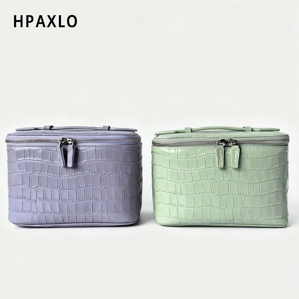 pochette de maquillage en cuir véritable texture crocodile, trousse de toilette de voyage, organiseur de rangement de grande capacité de qualité supérieure pour femmes