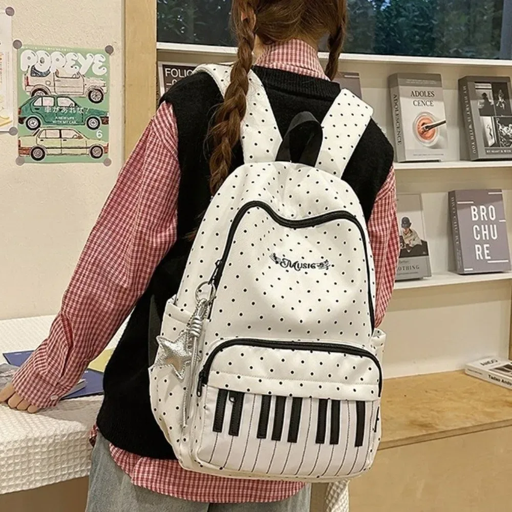 sac à dos en nylon à pois, color-block, mignon, grande capacité, style preppy, motif touches de piano, durable, pour l'école et les voyages
