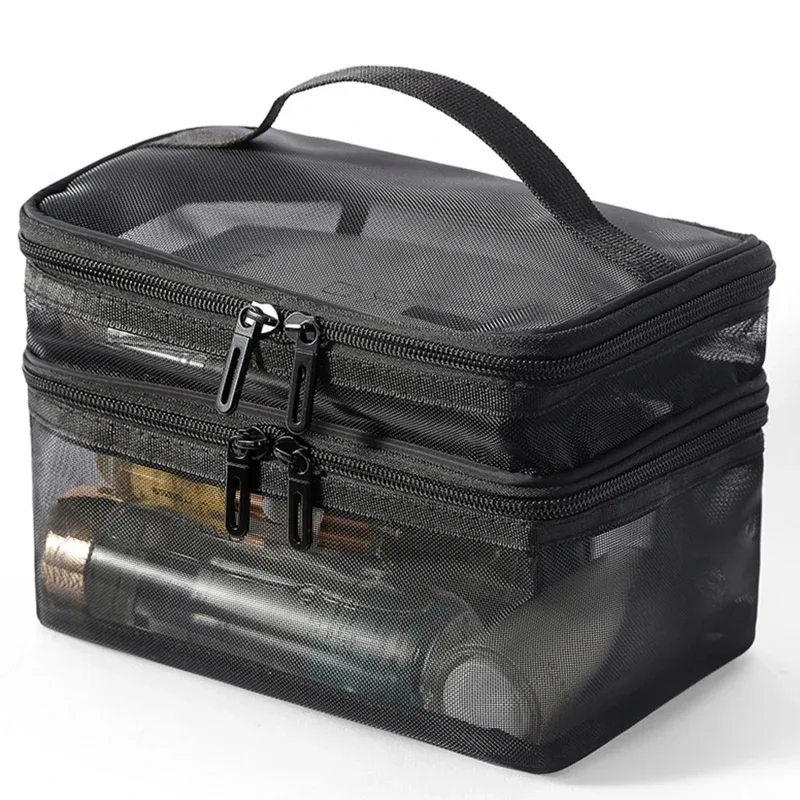 sac de rangement de cosmétiques de voyage à 2 couches, pochette de rangement transparente pliante en maille à fermeture éclair, sac de kit de lavage de maquillage de grande capacité 2024