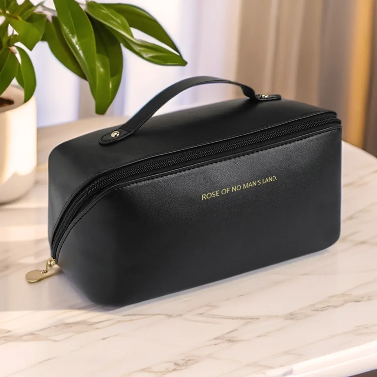 sac à maquillage en cuir pu avec poignée, organiseur de cosmétiques de grande capacité, trousse de toilette de voyage pour femmes