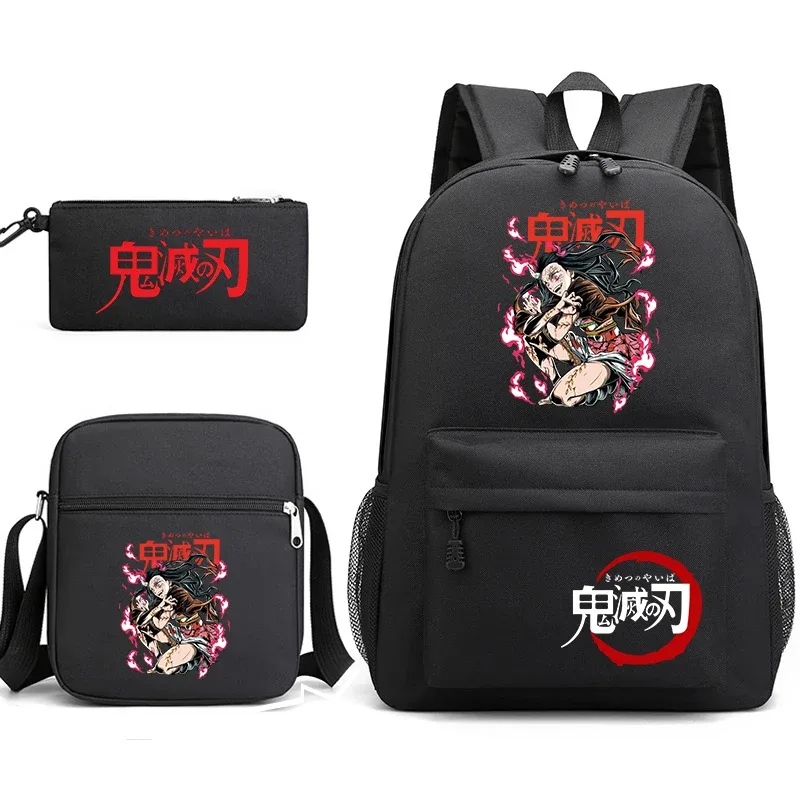 ensemble de sacs à dos d'école imprimés demon slayer, 3 pièces, avec sac à bandoulière, trousse à crayons pour garçons et filles