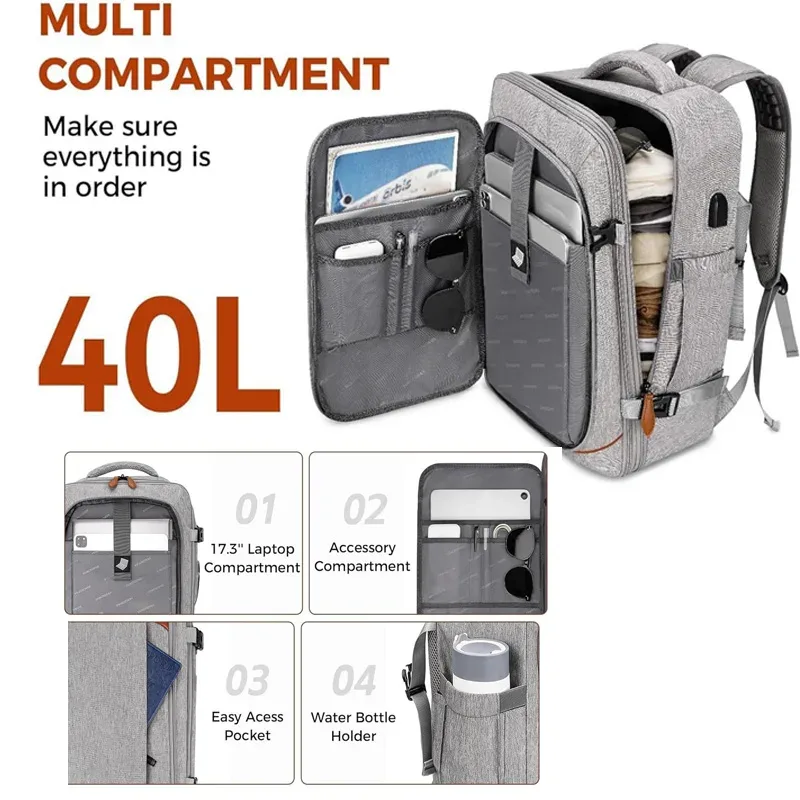 sac à dos de voyage, sac à dos de voyage approuvé par les compagnies aériennes avec 3 cubes de rangement, sac de voyage extensible de grande capacité 40l pour ordinateur portable de 17,3 pouces, anti-vol