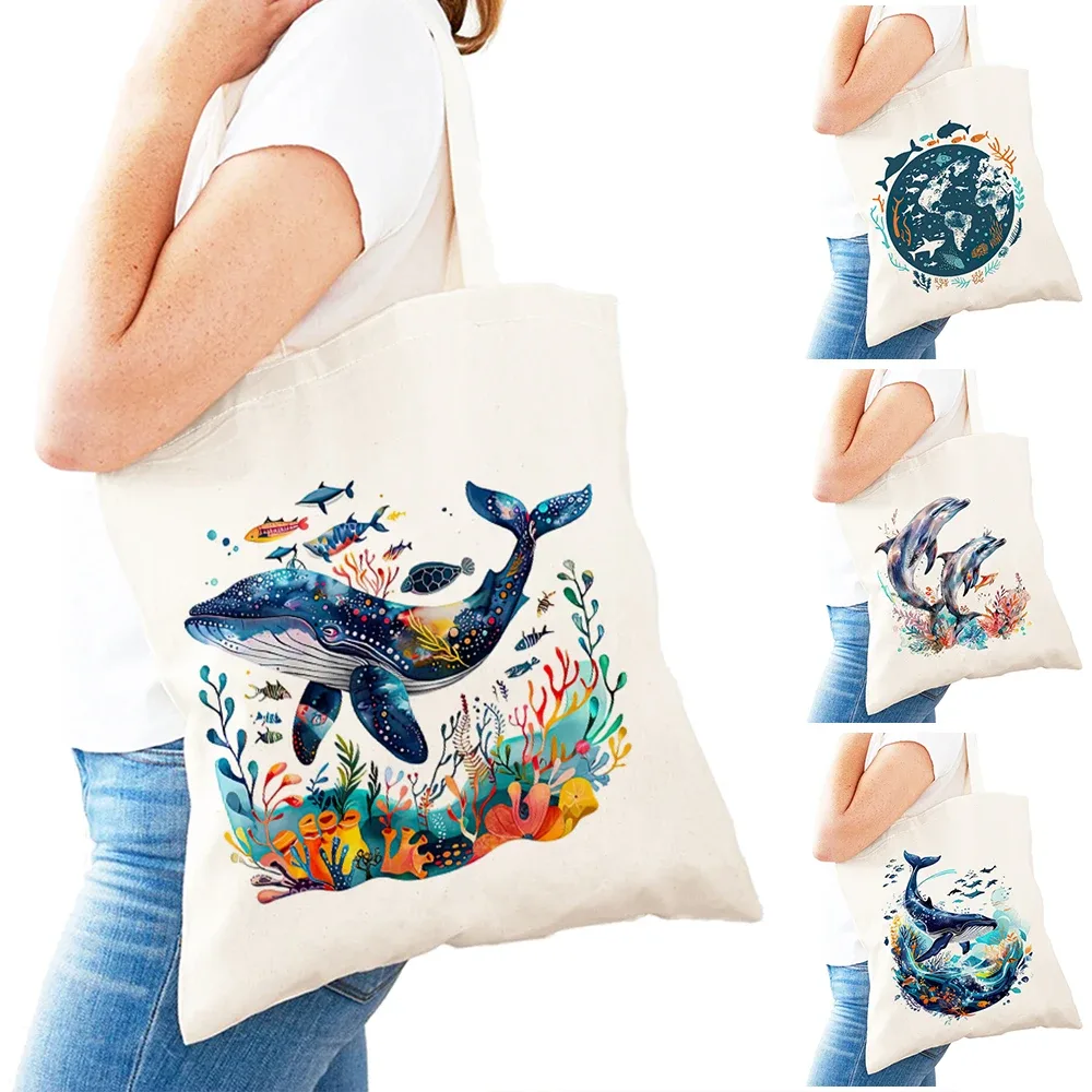 Sac fourre-tout léger pour femme, motif baleine, dauphin, monde marin, sac de shopping pour fille, sac à main double impression monde des requins, sacs de shopping pour femme