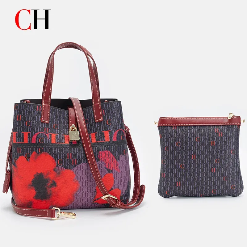CH Sac seau pour femme, ensemble de 2 pièces, sac bandoulière à imprimé floral, sac à main de luxe de créateur avec mini pochette pour usage quotidien