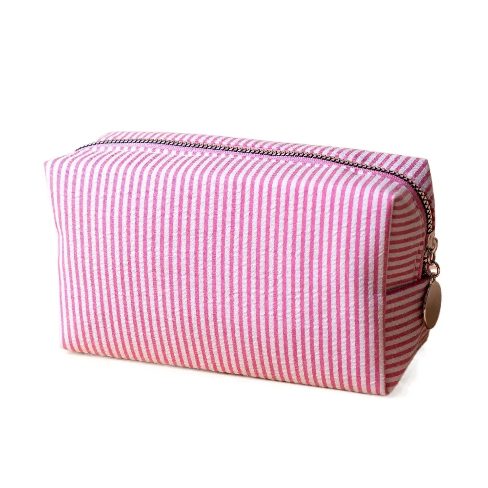 trousse de maquillage rayée en tissu seersucker doux, fermeture éclair, pochette cosmétique grande capacité, trousse à crayons multi-usages, usage quotidien
