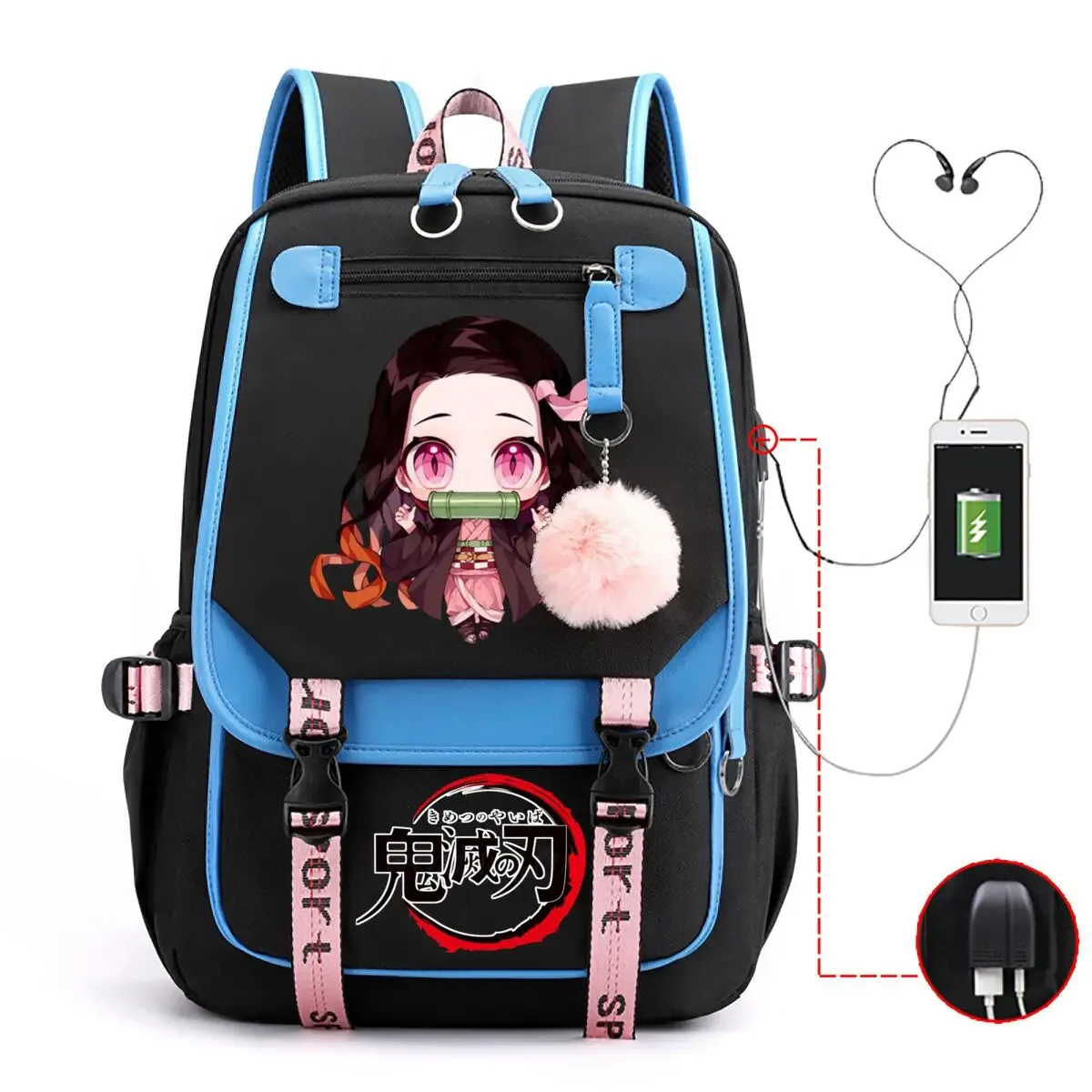 anime kamado nezuko imprimer sacs à dos femmes filles usb sacs de charge grande capacité enfants adolescent cartables voyage sacs à dos