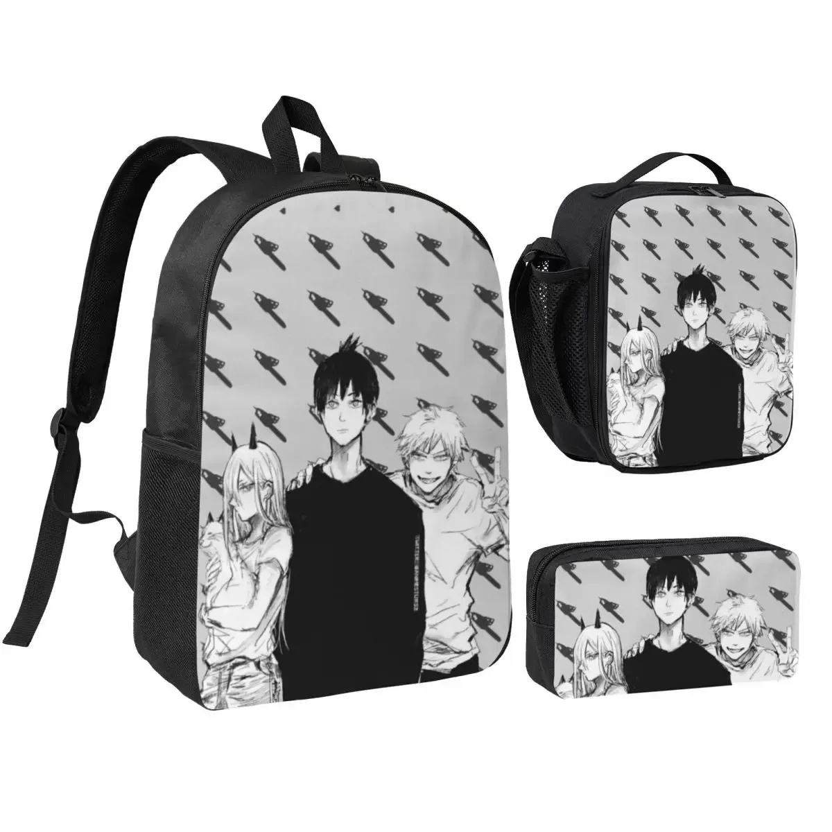 anime tronçonneuse homme 3pecs/ensemble sac à dos pour étudiant ordinateur portable sac à bandoulière sac à déjeuner trousse à crayons