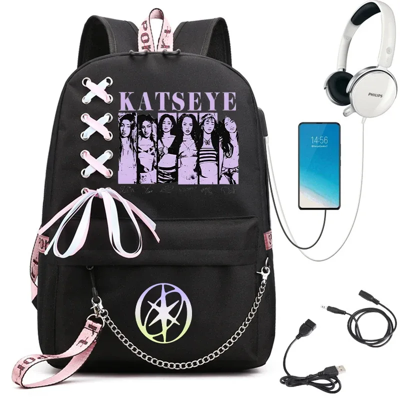sac à dos d'école graphique katseye pour filles, sacs d'école pour adolescents avec port usb, sac pour ordinateur portable y2k pour femmes, sac à dos katseye pour étudiants