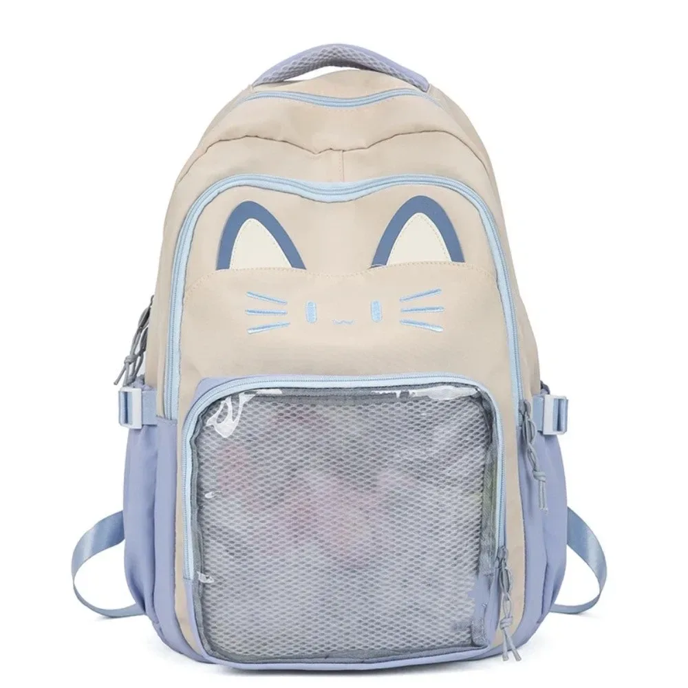 sac ita brodé tendance style preppy grande capacité poche transparente sac à dos étudiant chat mignon pour femme