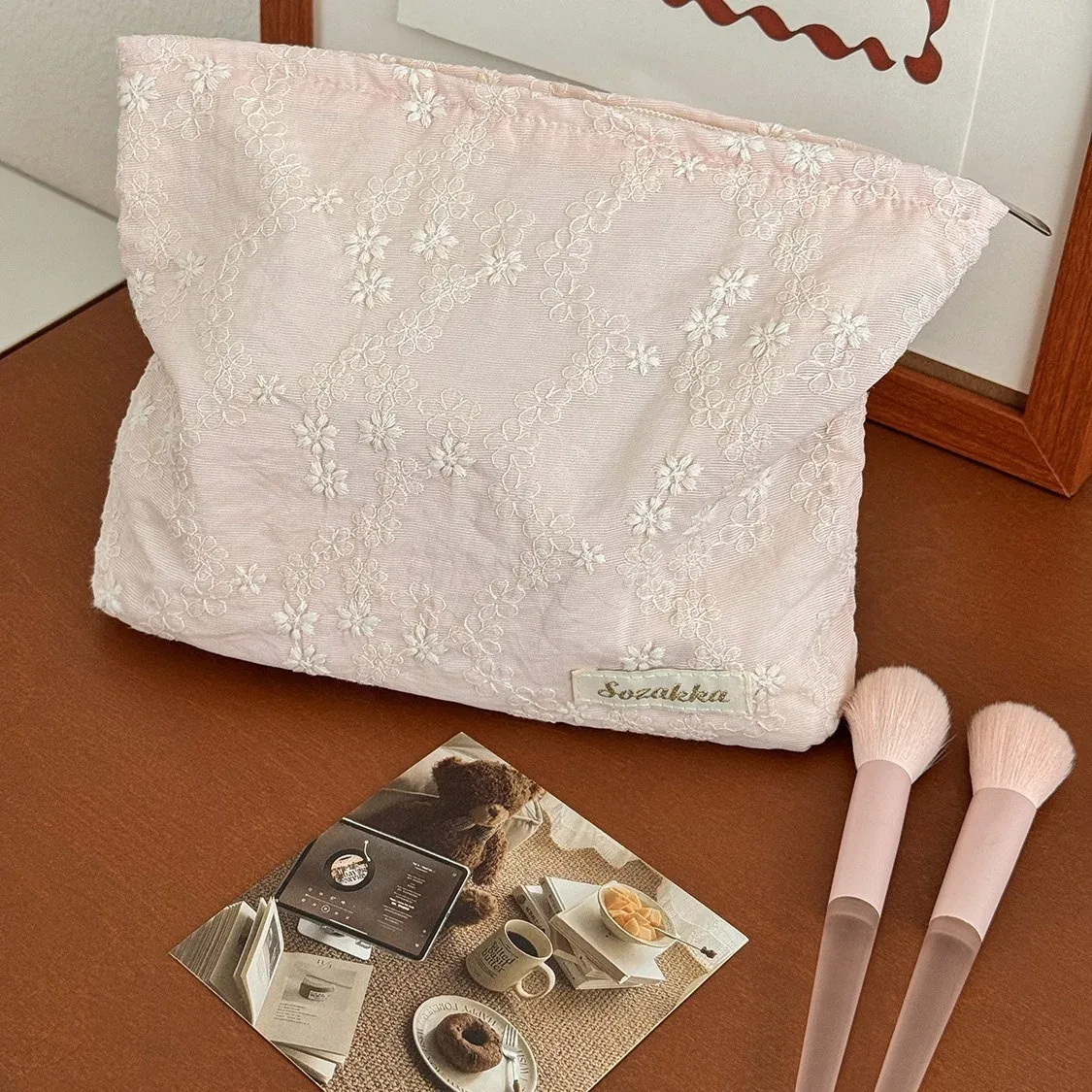 sac de rangement portable haut de gamme pour rouge à lèvres et soins de la peau yt, grande capacité, motif floral tridimensionnel, sac de maquillage