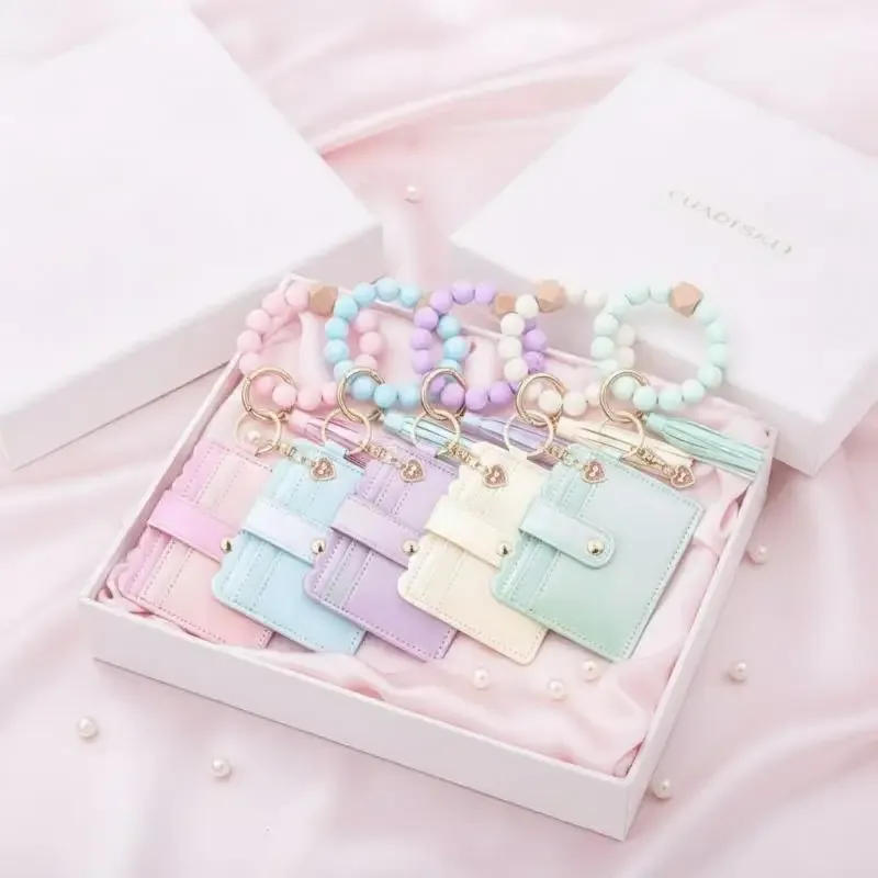 porte-cartes adorable pour filles, portefeuille dégradé de couleurs, breloque cœur, bracelet perles en silicone, étui en cuir pour cartes d'identité - organisateur tendance
