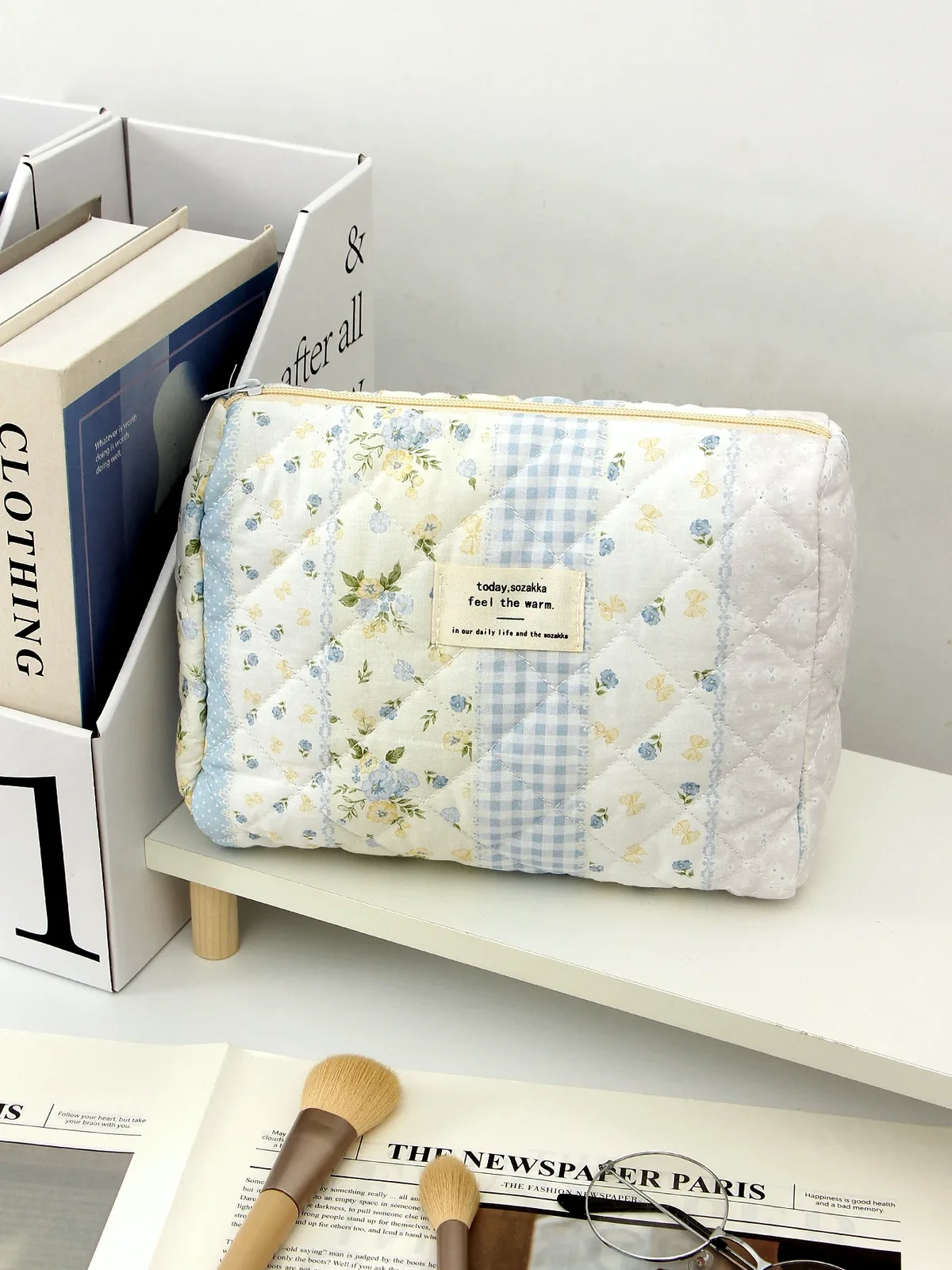 1 pièce/ensemble trousse de maquillage matelassée patchwork bleu, trousse de maquillage florale, trousse de maquillage portable, trousse de maquillage multifonctionnelle de grande capacité