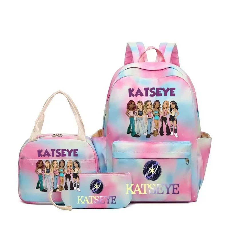 sac à dos grande capacité imprimé katseye amusant, léger, pour l'école, les voyages, décontracté, pour femmes et filles, avec compartiment pour stylos et sac à déjeuner