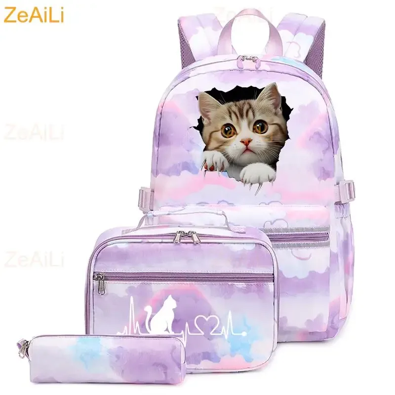 lot de 3 sacs à dos mignons pour étudiants et adolescents, motif patte de chien et chat, couleur violette, avec sac à déjeuner, sac de voyage coloré, sacs d'école pour garçons et filles, ensembles de mochilas